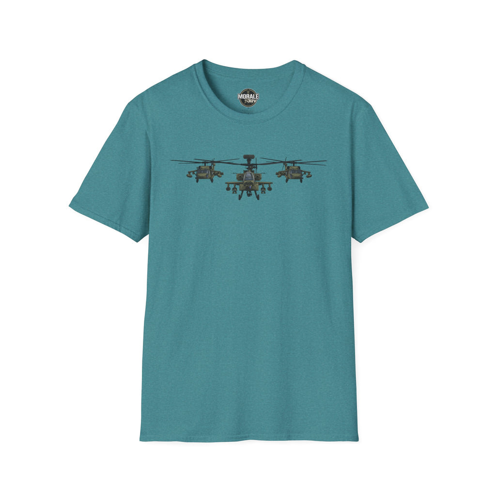 Teal crewneck T-shirt with three-helicopter graphic on the chest