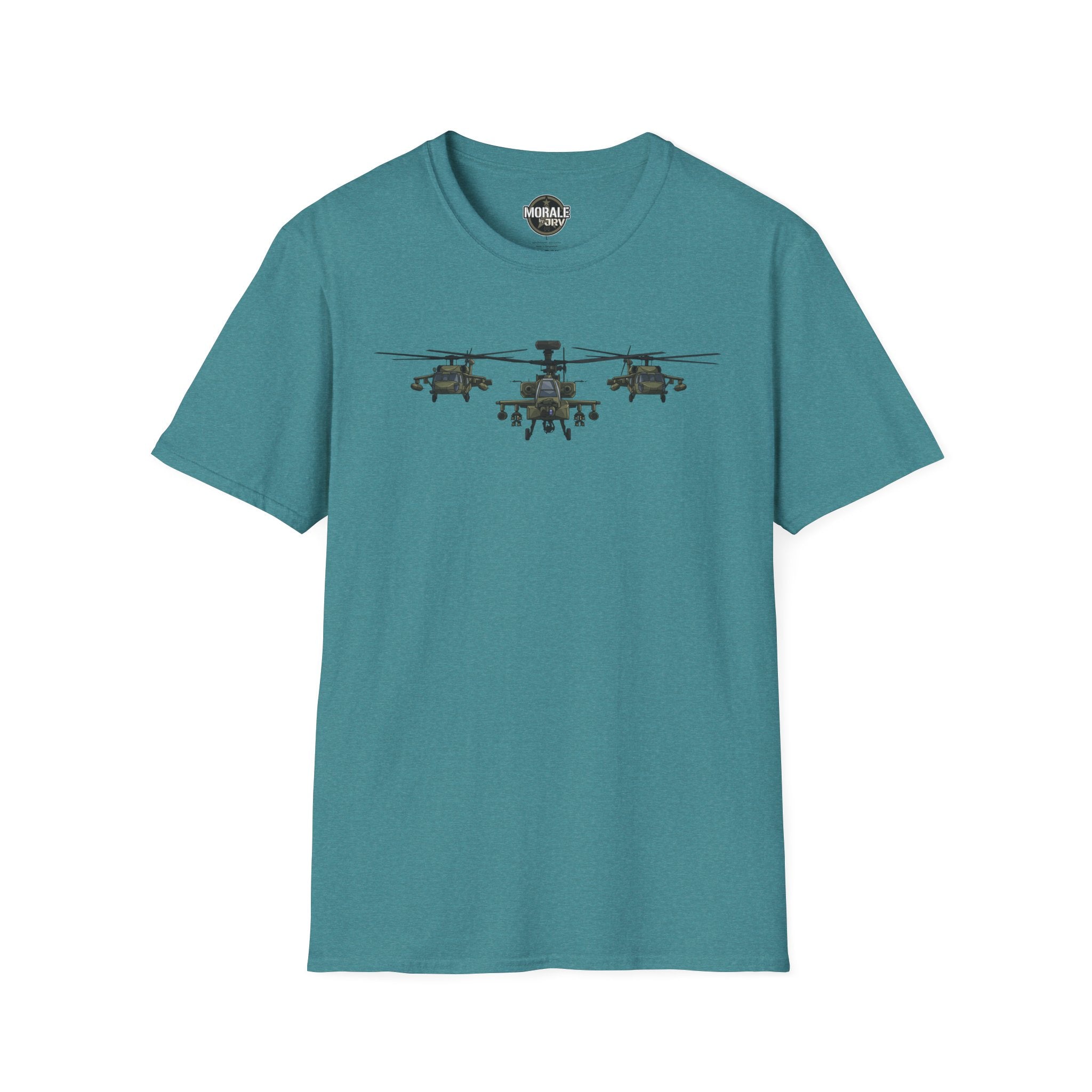 Teal crewneck T-shirt with three-helicopter graphic on the chest