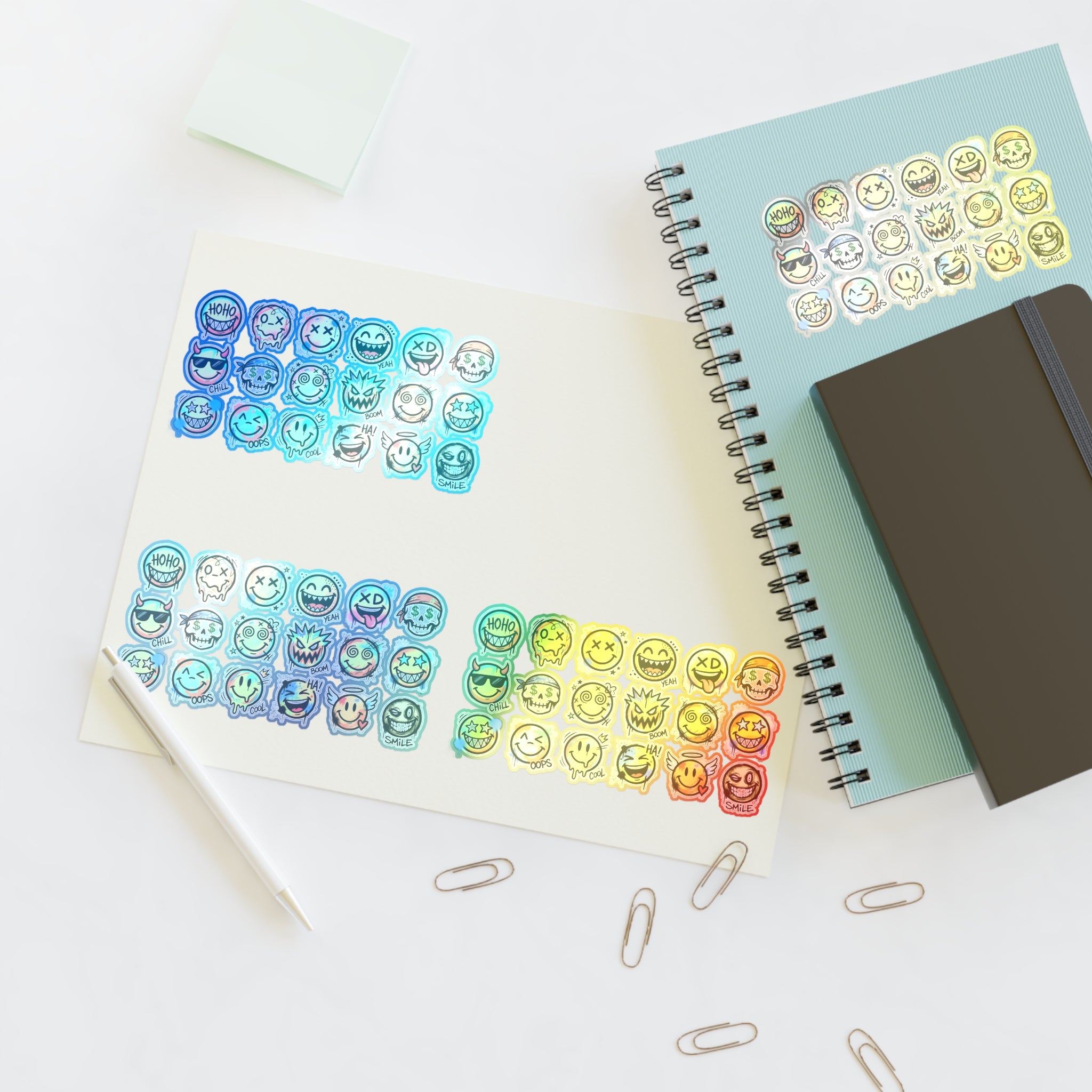 Emoji face icons sticker sheet with blue and green/yellow faces, die-cut