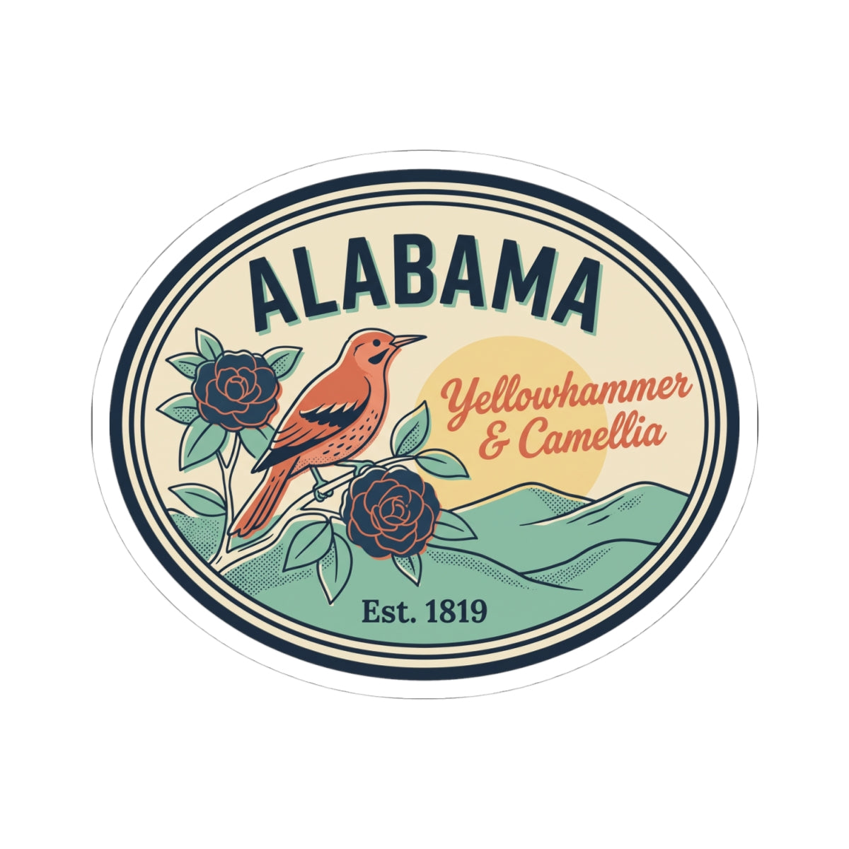 Alabama oval vinyl sticker with "ALABAMA" arch text and bird-and-flower badge graphic