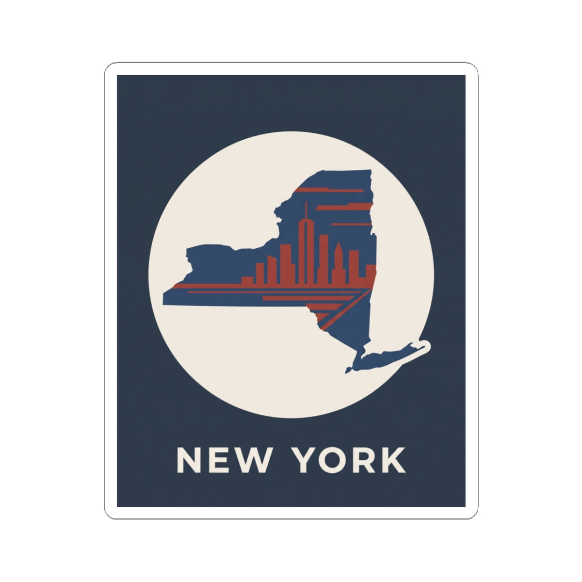 New York skyline sticker with blue border, red skyline map, and “NEW YORK” text