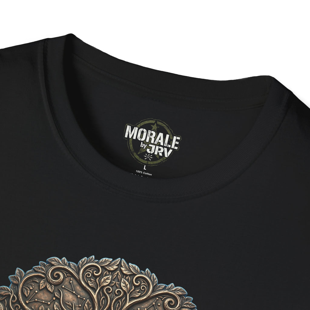 Black T-shirt neckline with small logo patch
