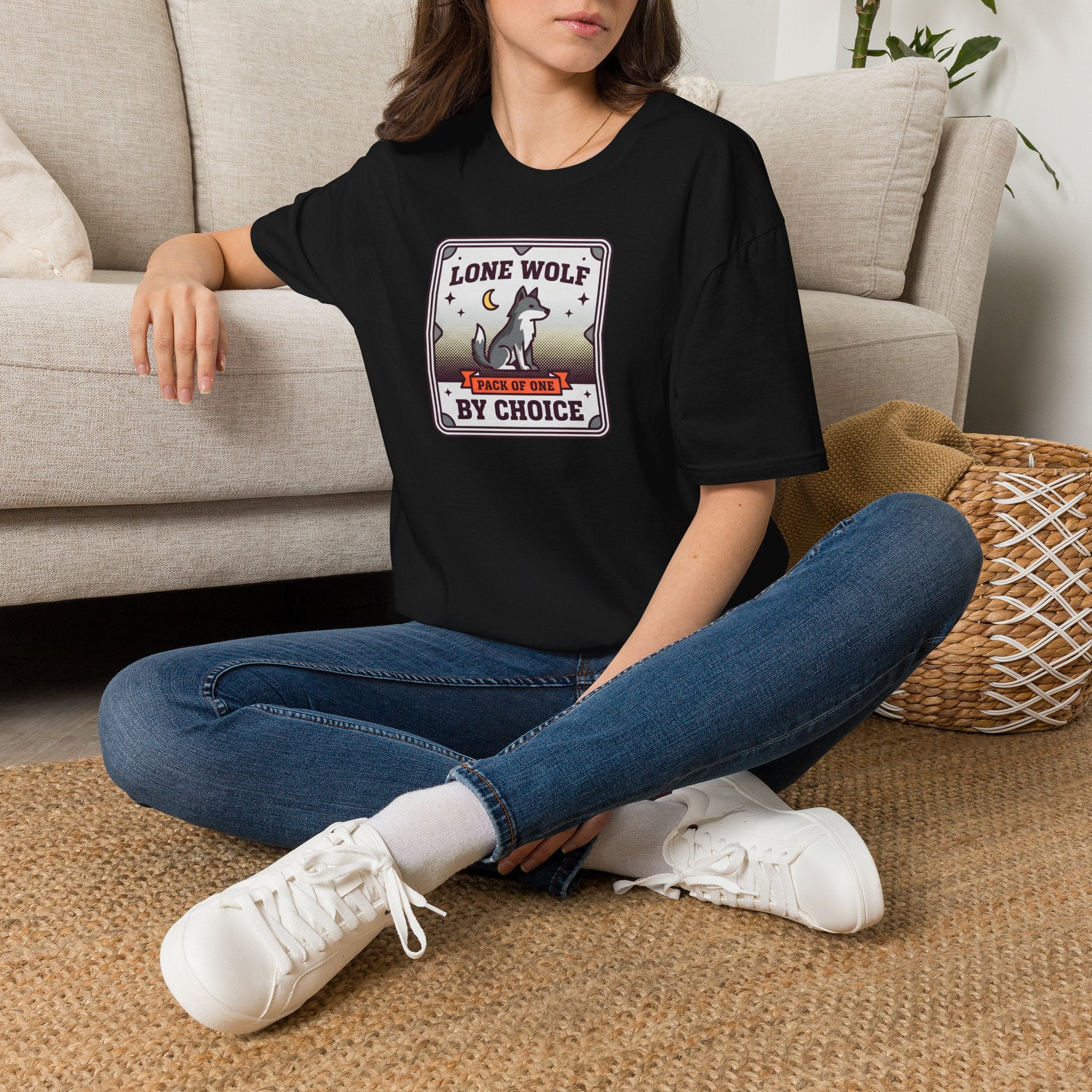 Funny Wolf T-Shirt | Lone Wolf By Choice Pack of One Moon Badge Graphic Tee | Wolf Lover Gift