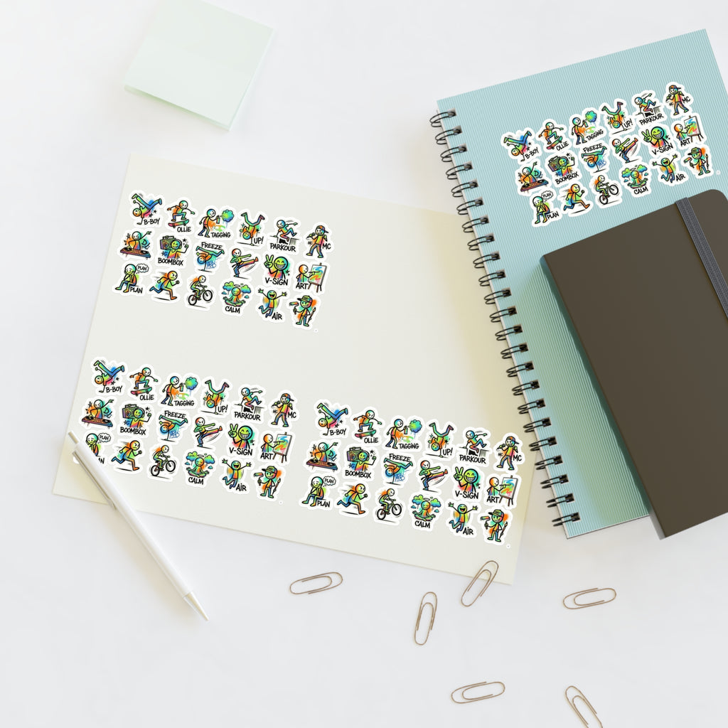 Sticker sheet with cute green character daily activity icons, die-cut outline stickers