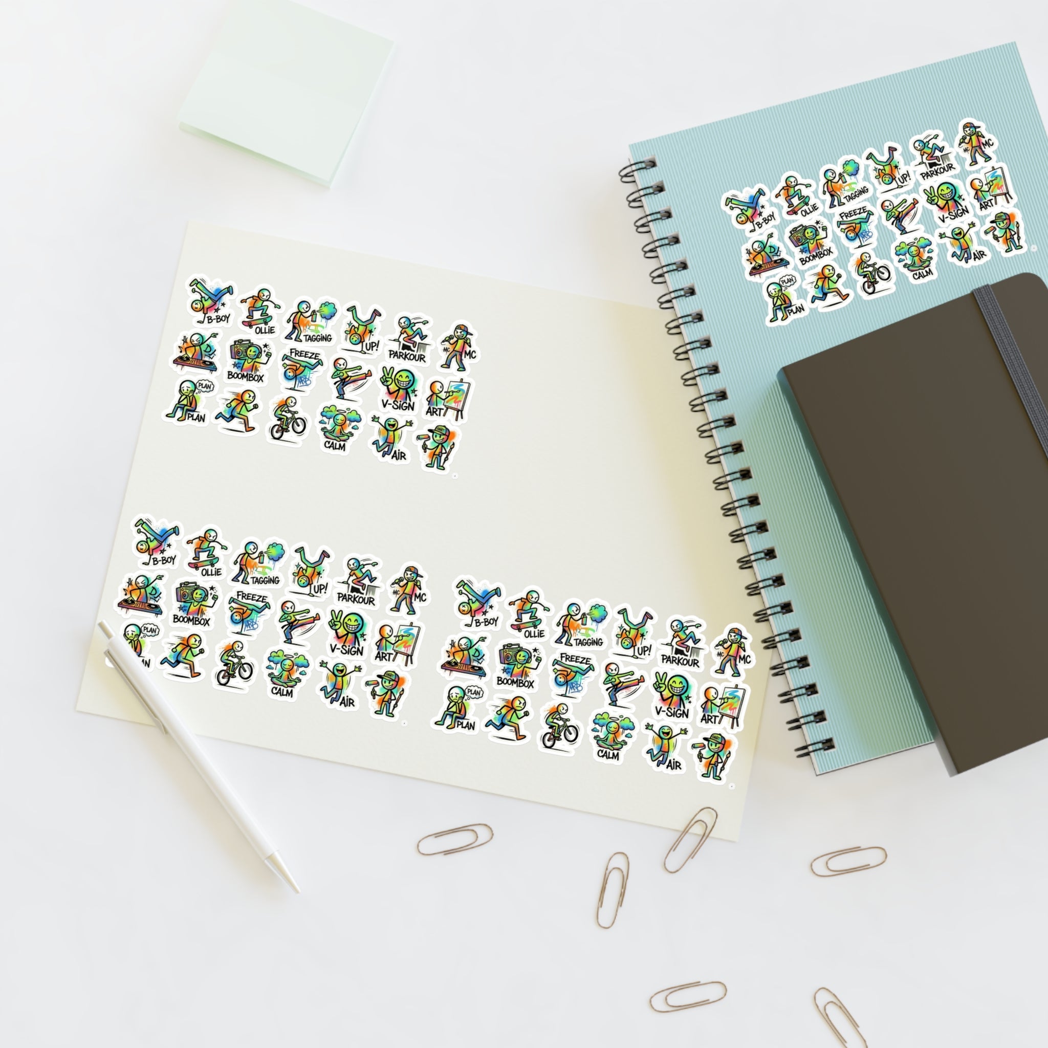Sticker sheet with cute green character daily activity icons, die-cut outline stickers