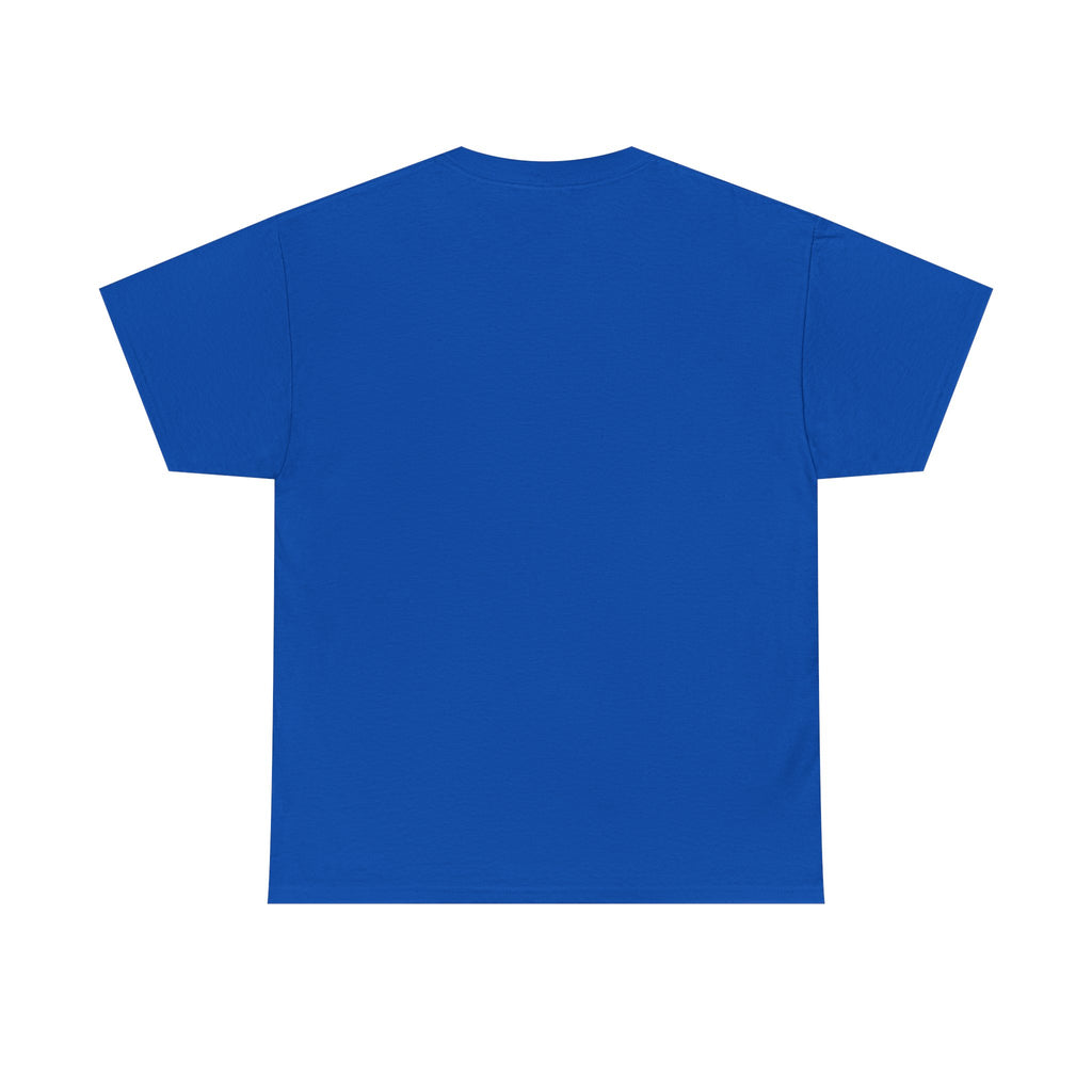 Bright blue crew-neck T-shirt, plain back view with short sleeves and hem.