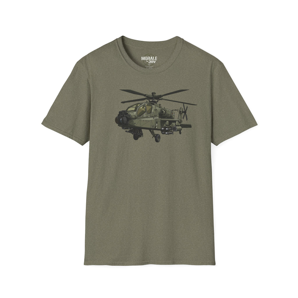 AH-64 Apache T-Shirt in military green with front helicopter graphic