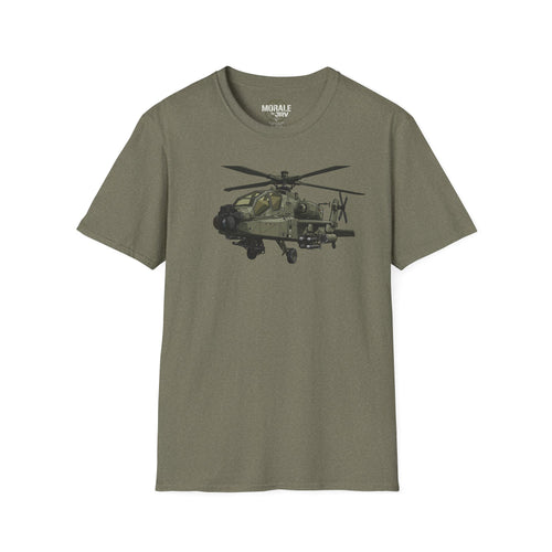 AH-64 Apache T-Shirt in military green with front helicopter graphic
