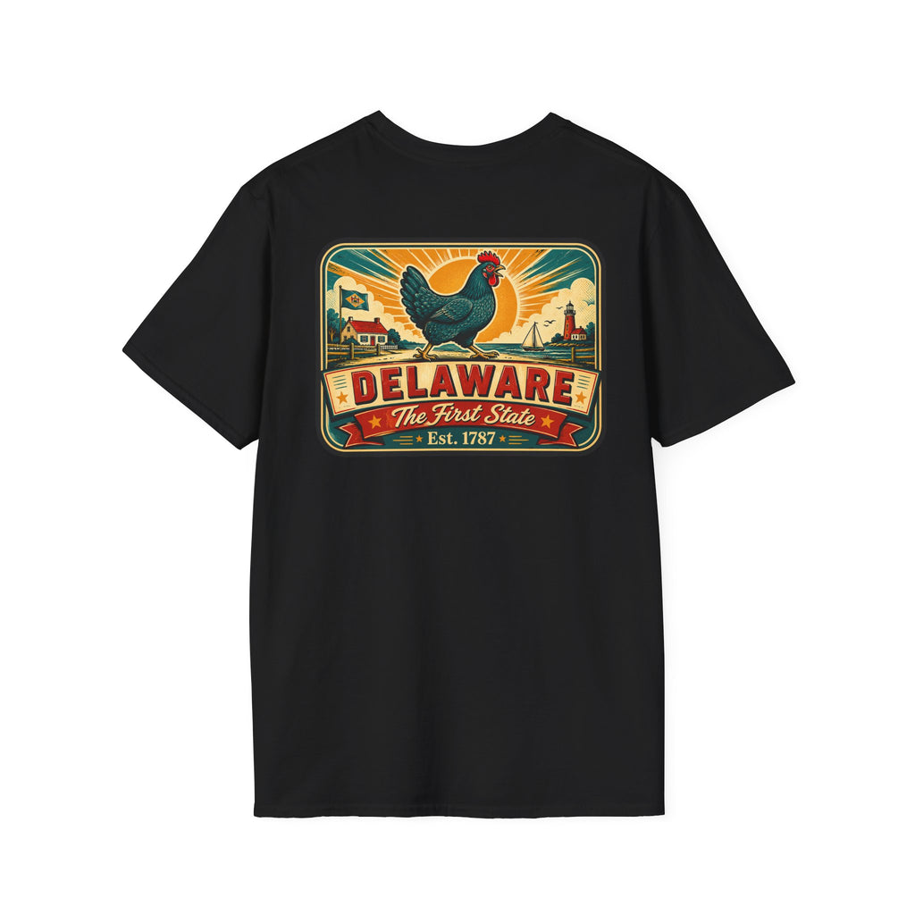 Black Delaware travel badge T-shirt with colorful hen and “Delaware” front graphic