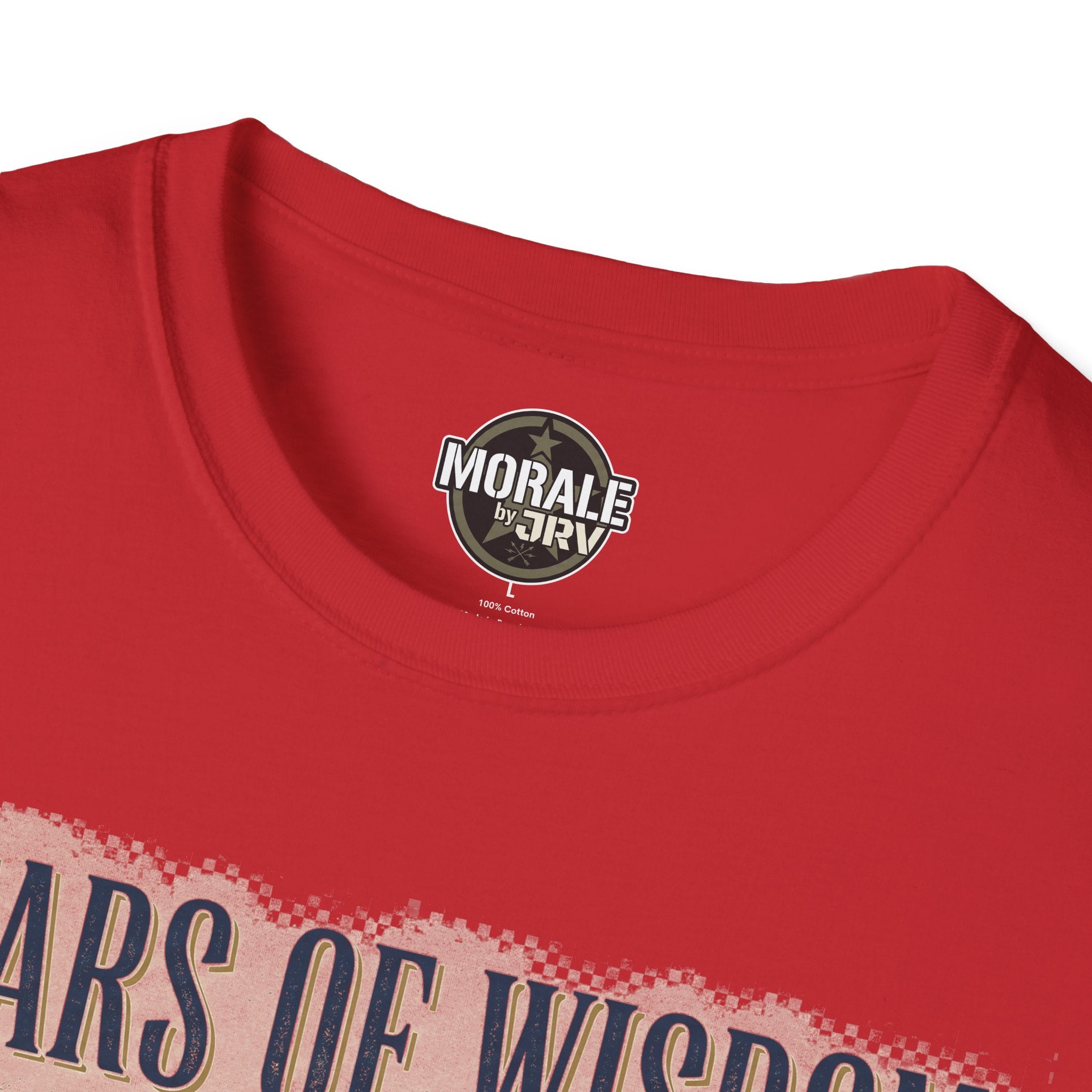 Red crewneck T-shirt with Morales Jr logo on chest