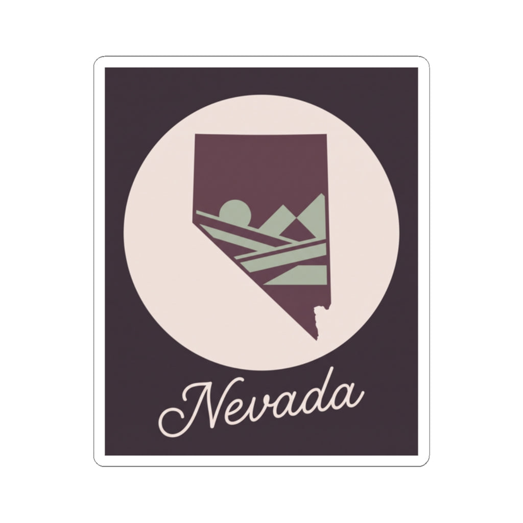 Nevada kiss-cut decal with purple state silhouette, desert mountain scene, script 'Nevada'