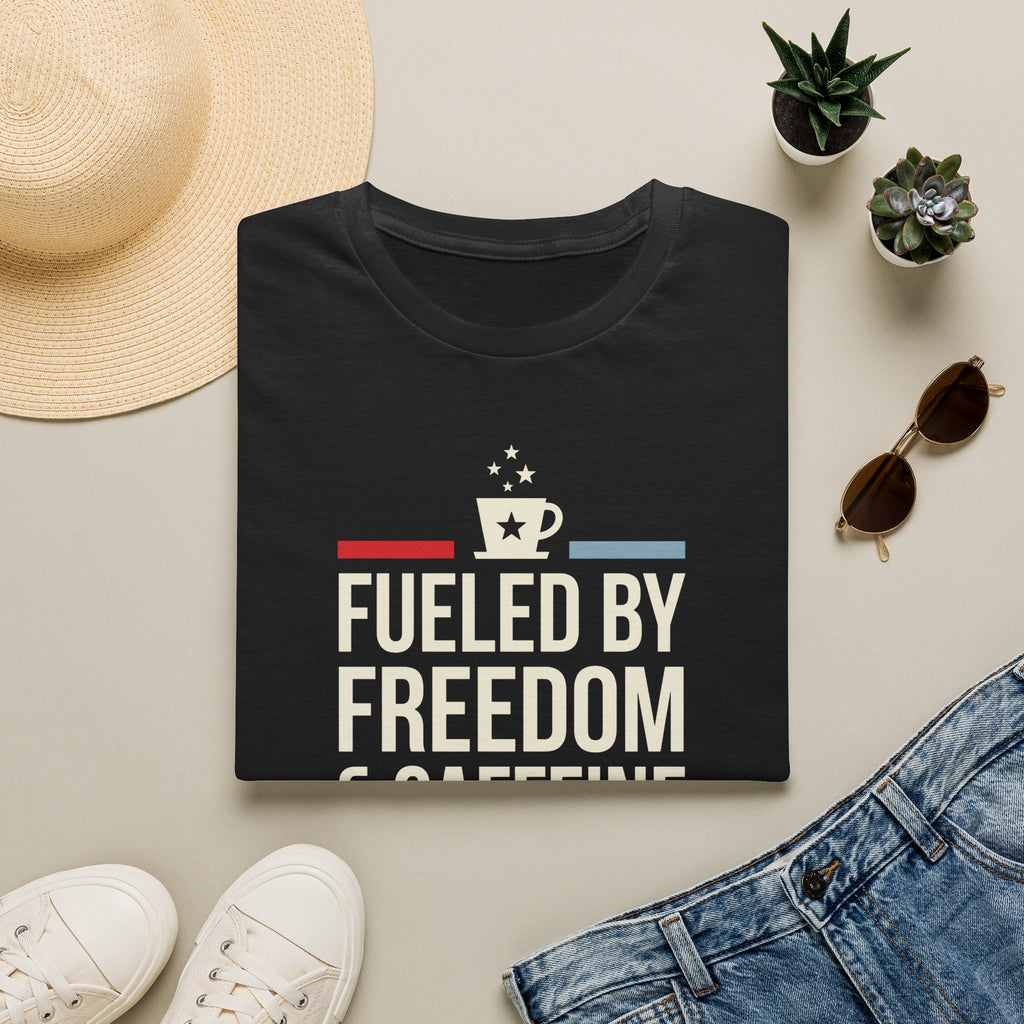 Fueled by Freedom & Caffeine T-Shirt | Patriotic Coffee Tee | Veteran Gift | Dark Colors | Americana