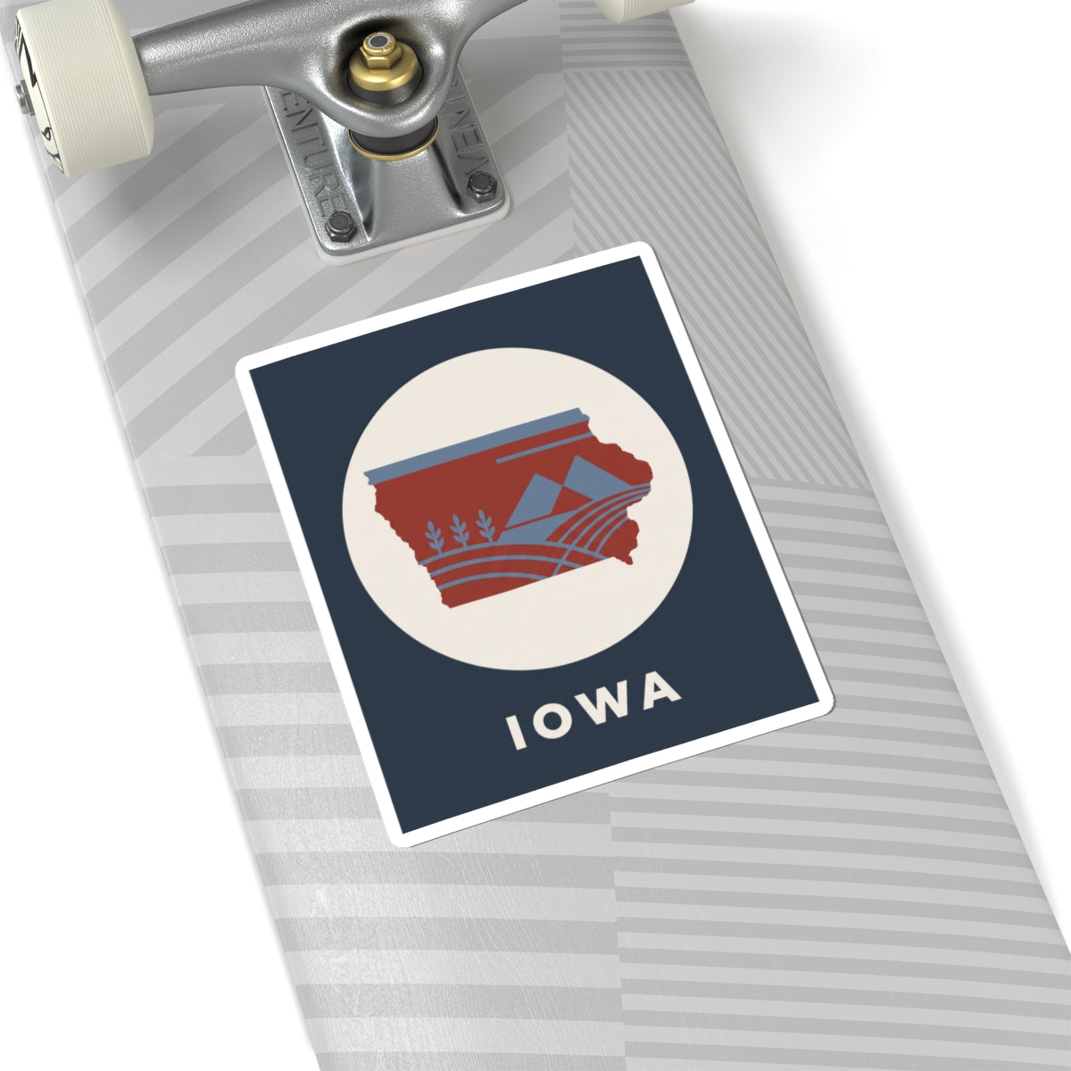 Square kiss-cut sticker showing red Iowa state map with blue stripes and "IOWA"
