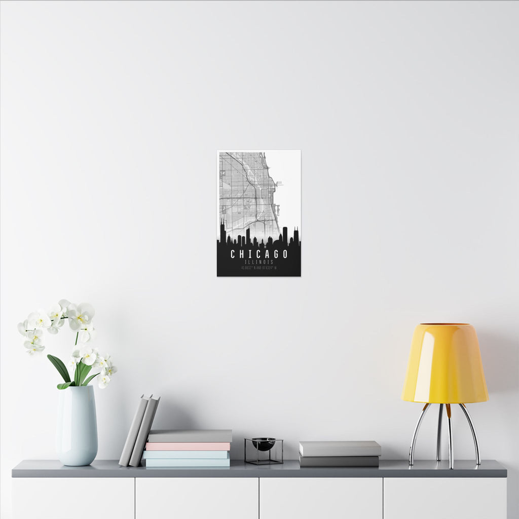 Chicago skyline map wall art on matte canvas, black skyline and “CHICAGO ILLINOIS”