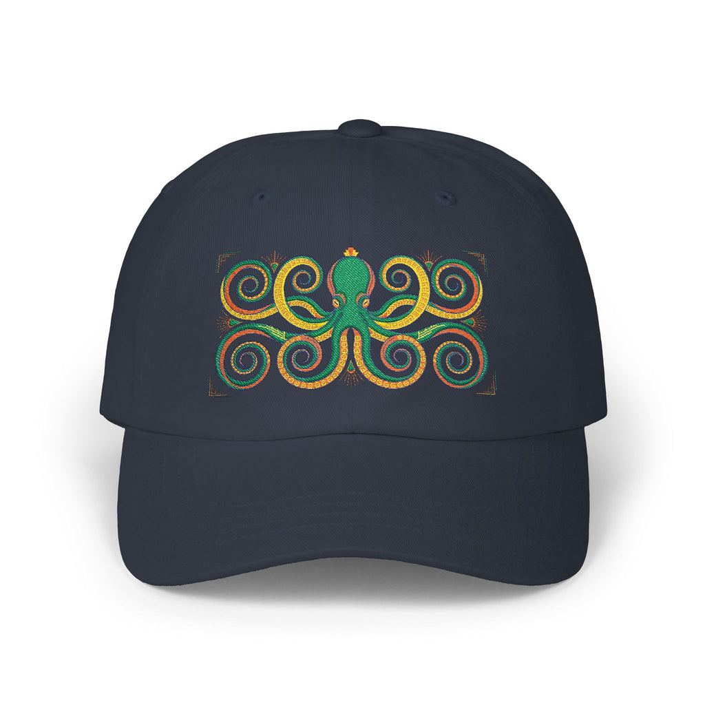 Octopus Swirl Dad Cap — Nautical Green & Gold Embroidered Baseball Hat