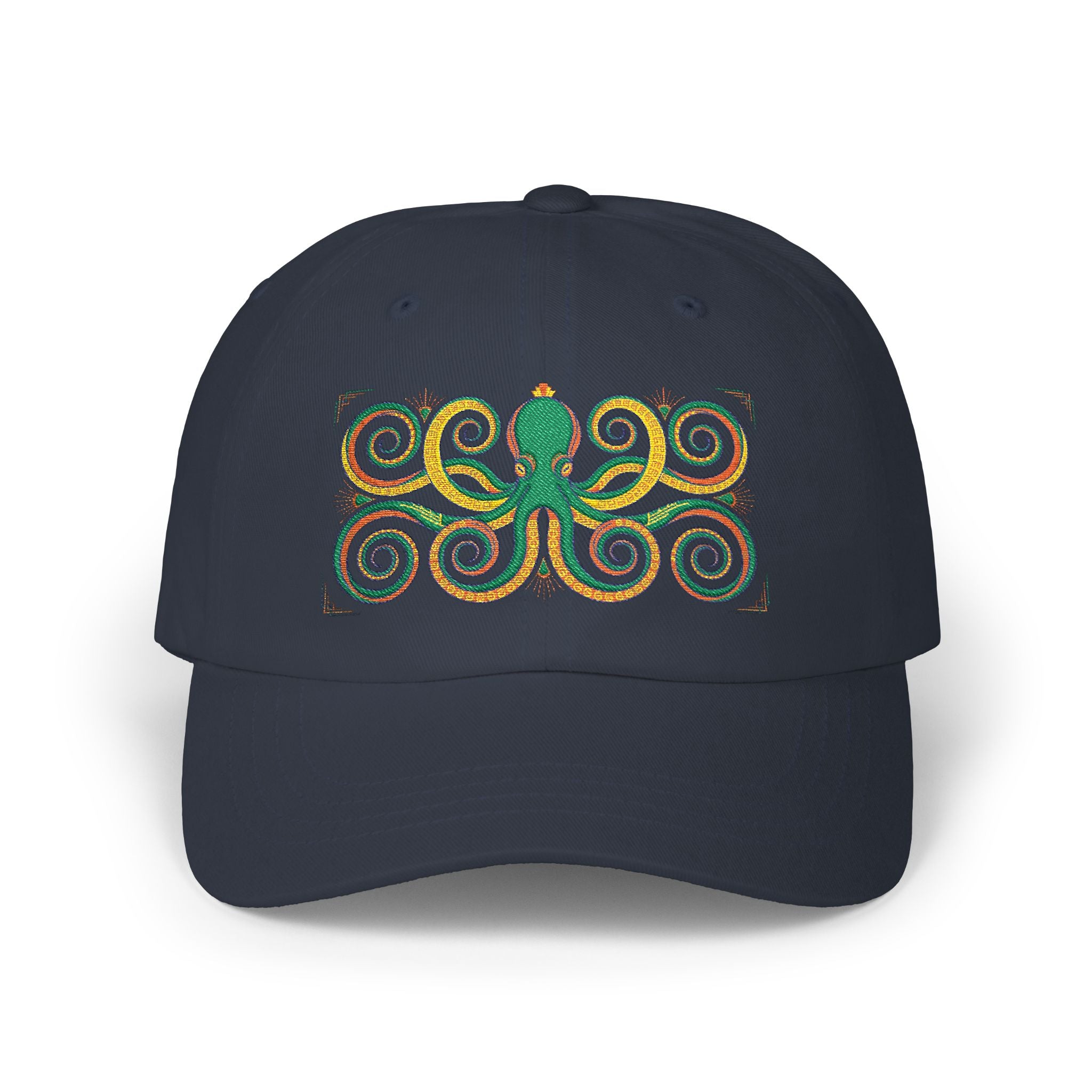 Octopus Swirl Dad Cap — Nautical Green & Gold Embroidered Baseball Hat