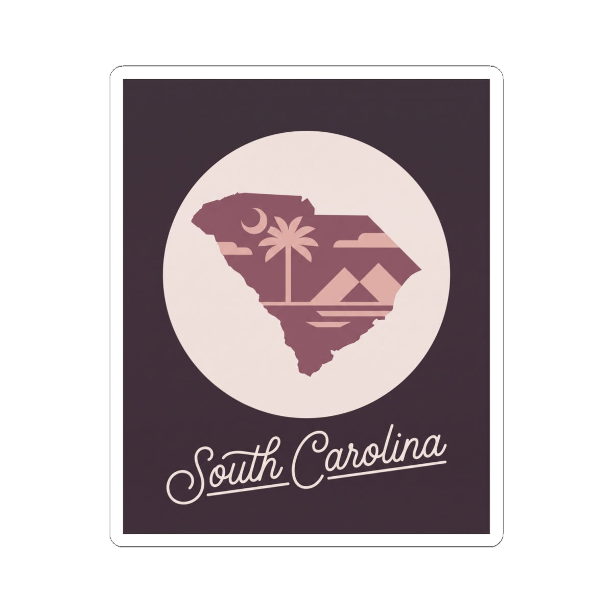 South Carolina silhouette kiss-cut decal with palm tree and cursive script