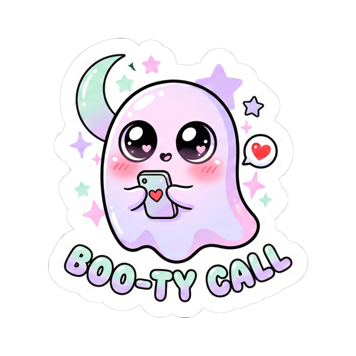 Kawaii ghost phone sticker with purple face, wink eyes, heart, and Boo-ty Call text
