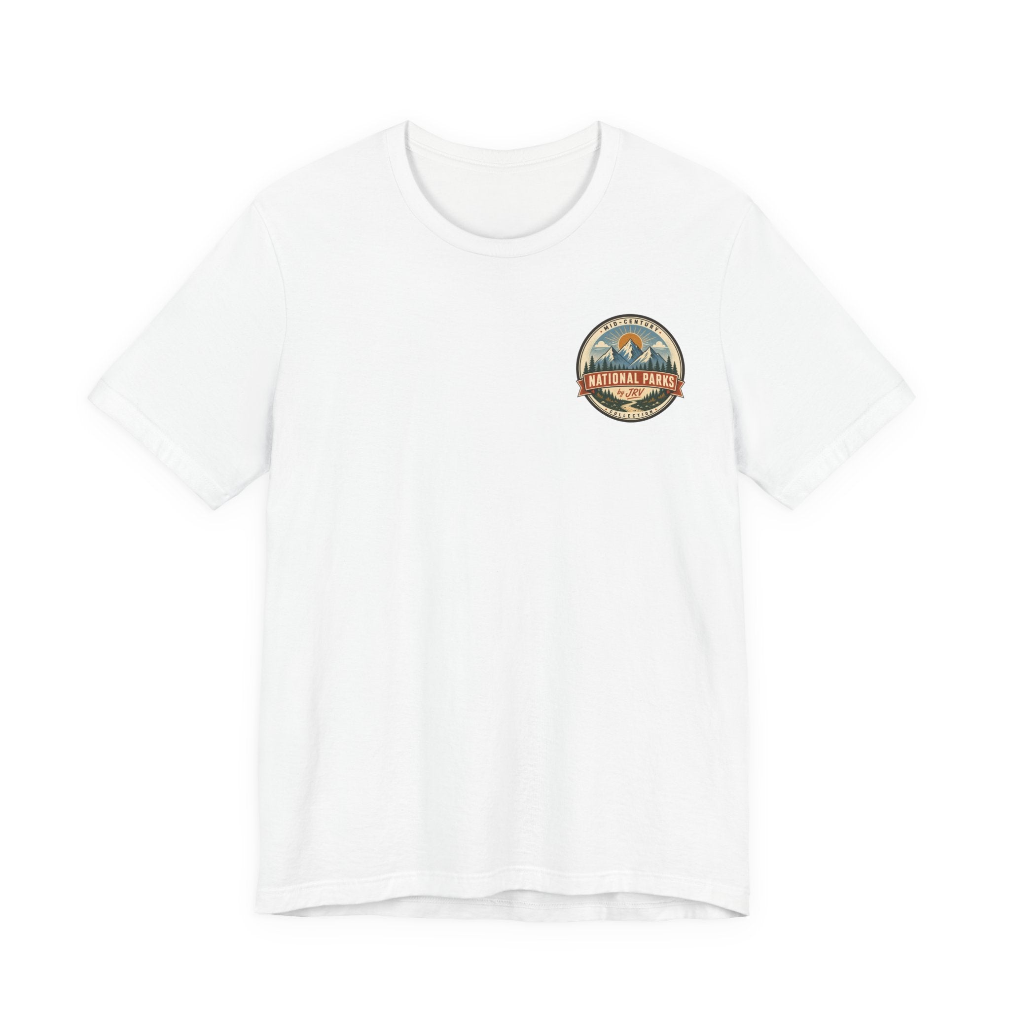 White crew-neck t-shirt with small circular desert park graphic on the chest