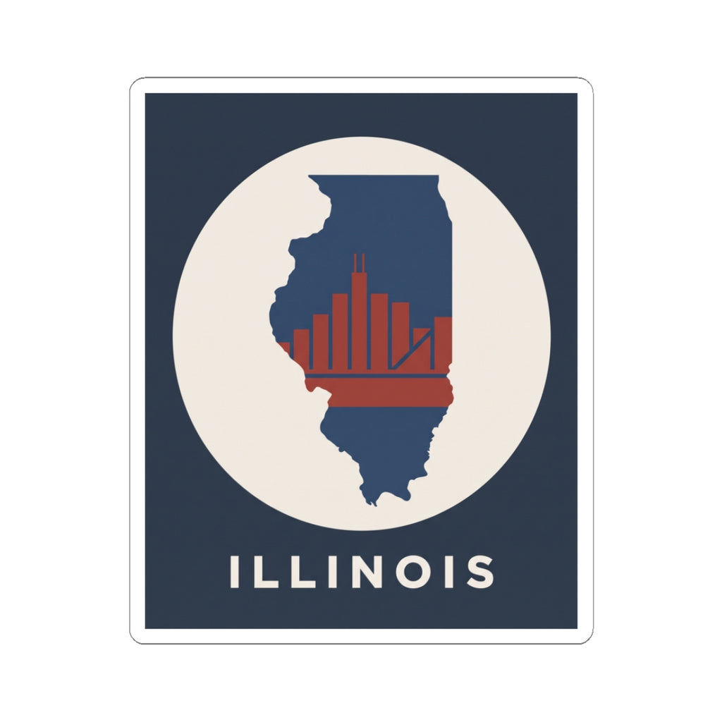 Square kiss-cut Illinois sticker with navy state, red skyline bars, white circle, ILLINOIS text