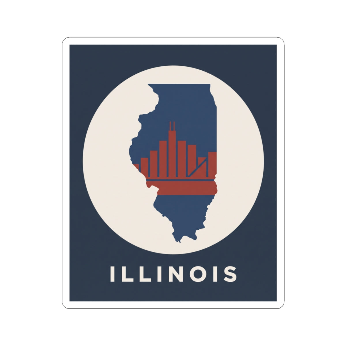 Square kiss-cut Illinois sticker with navy state, red skyline bars, white circle, ILLINOIS text