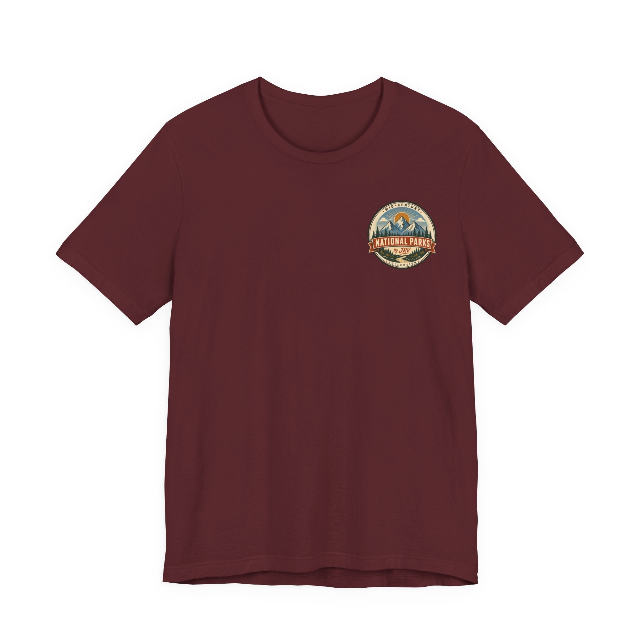 Maroon men's T-shirt with round vintage park lighthouse graphic on chest
