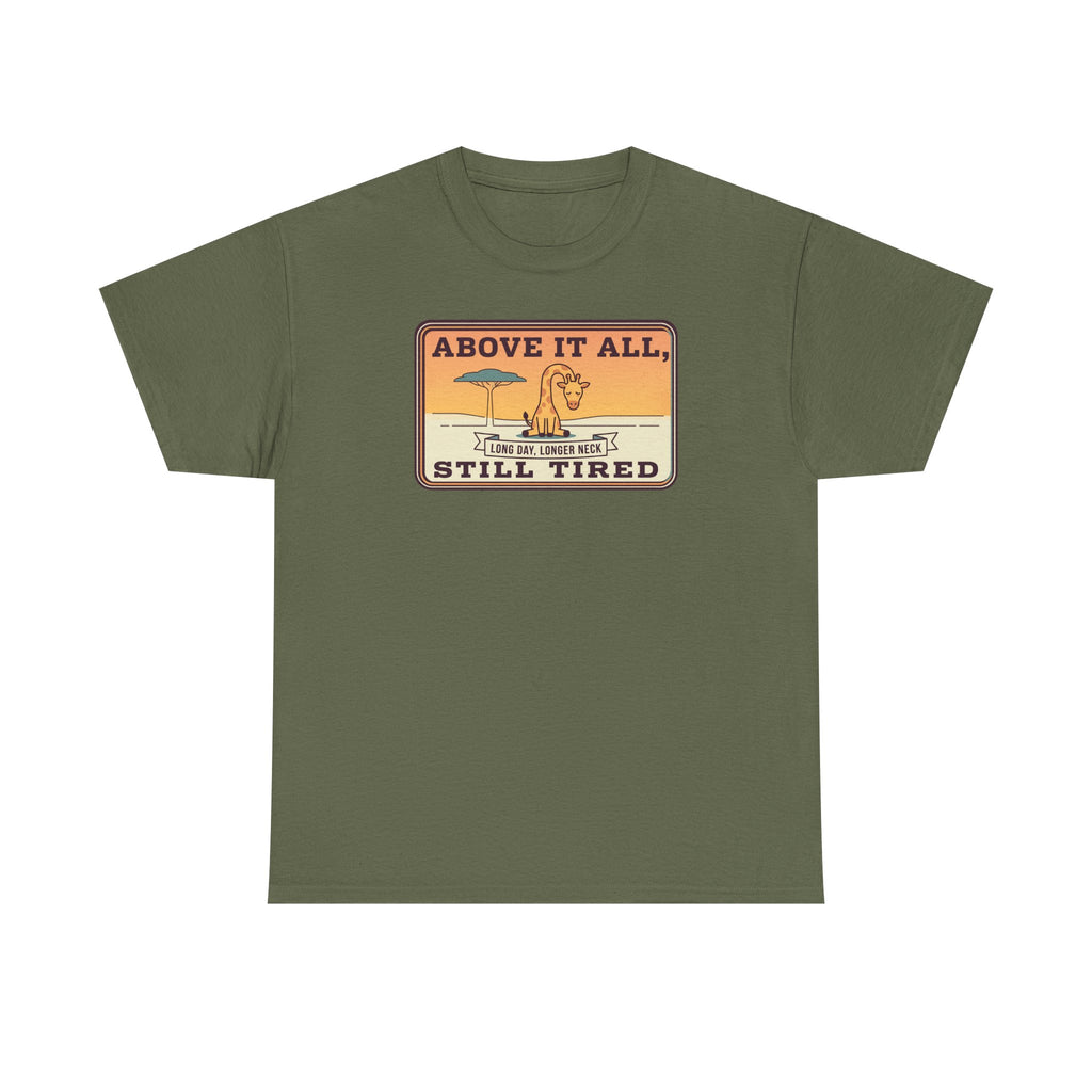 Above It All Still Tired Tee | Retro Beach Scene, Coffee Cup, Sunset Vibes