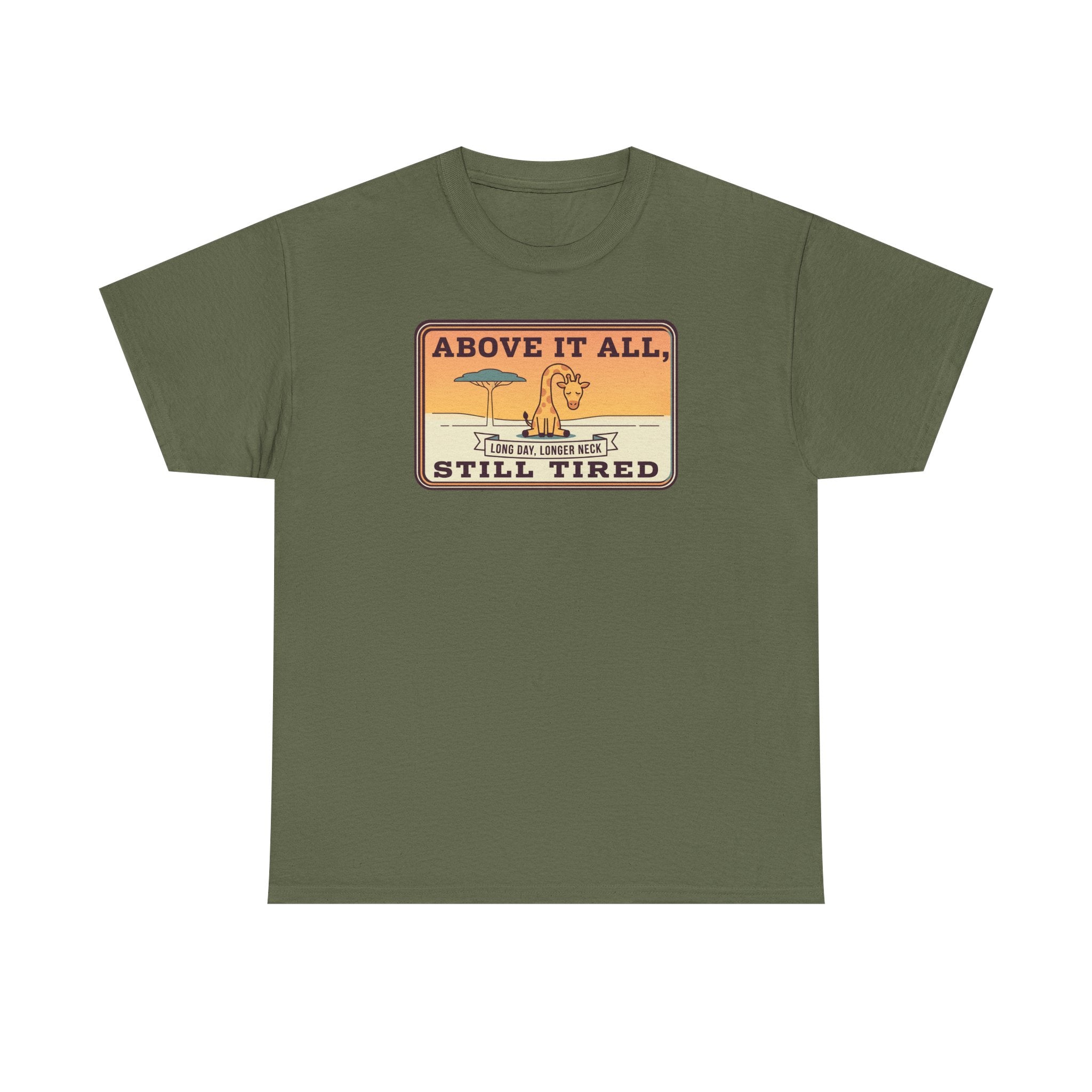Above It All Still Tired Tee | Retro Beach Scene, Coffee Cup, Sunset Vibes