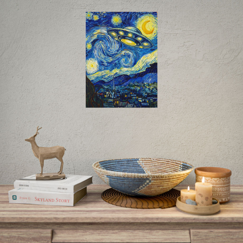 Square space art print showing a glowing UFO above a blue village under yellow moons