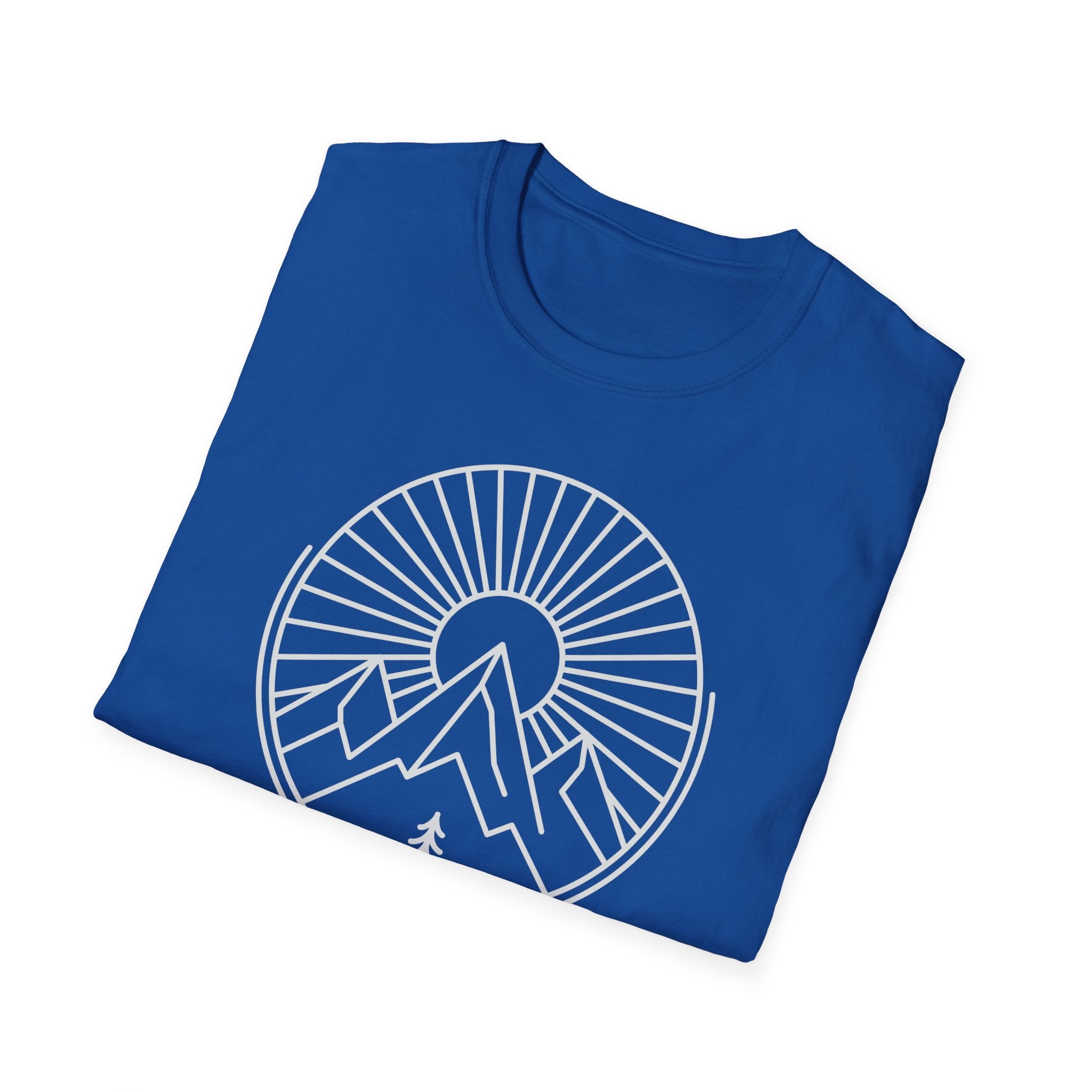 Royal blue unisex T-shirt with large circular mountain sunburst graphic