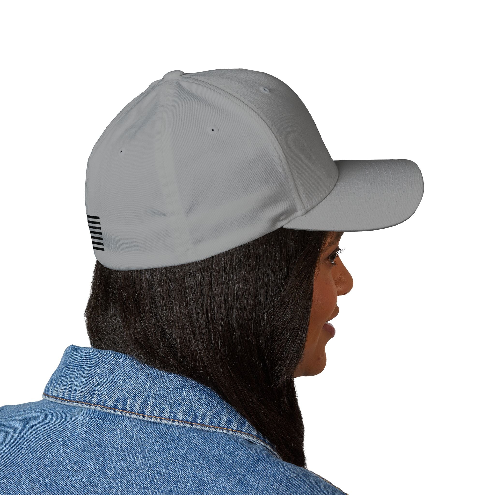 Light gray baseball cap with black side-striped patch