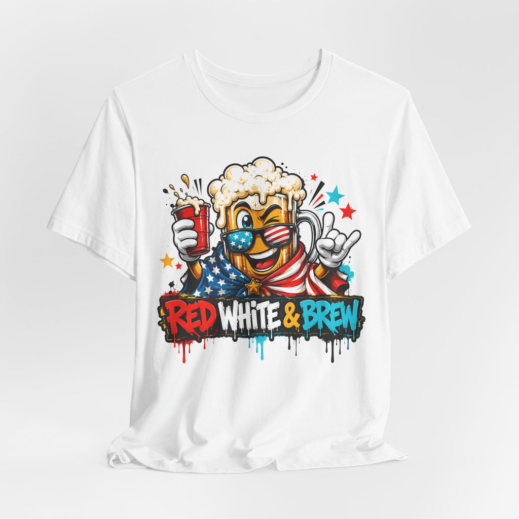 Red White & Brew 4th of July T-Shirt | Patriotic Beer Mascot American Flag Graphic Tee
