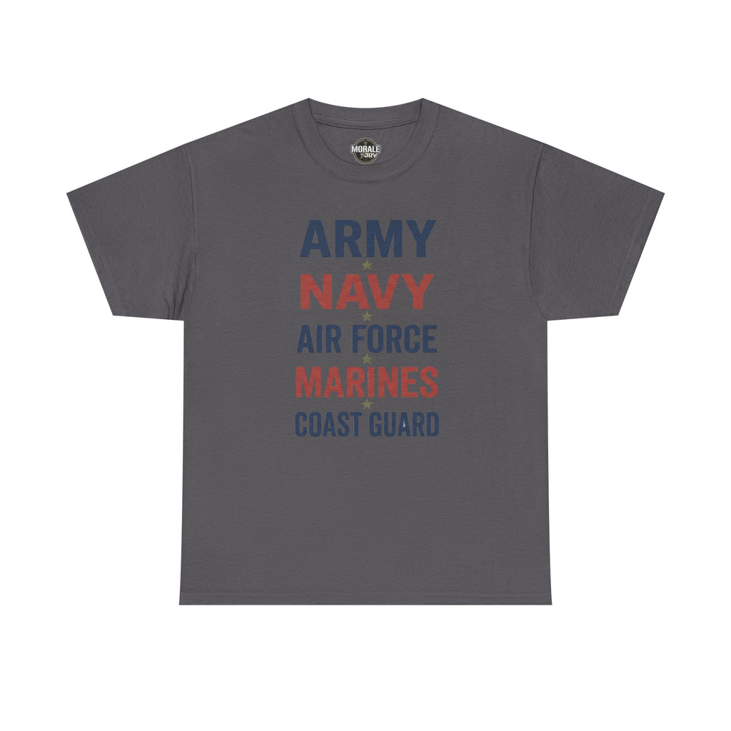 Charcoal T-shirt with multicolor “ARMY NAVY AIR FORCE MARINES COAST GUARD” front graphic