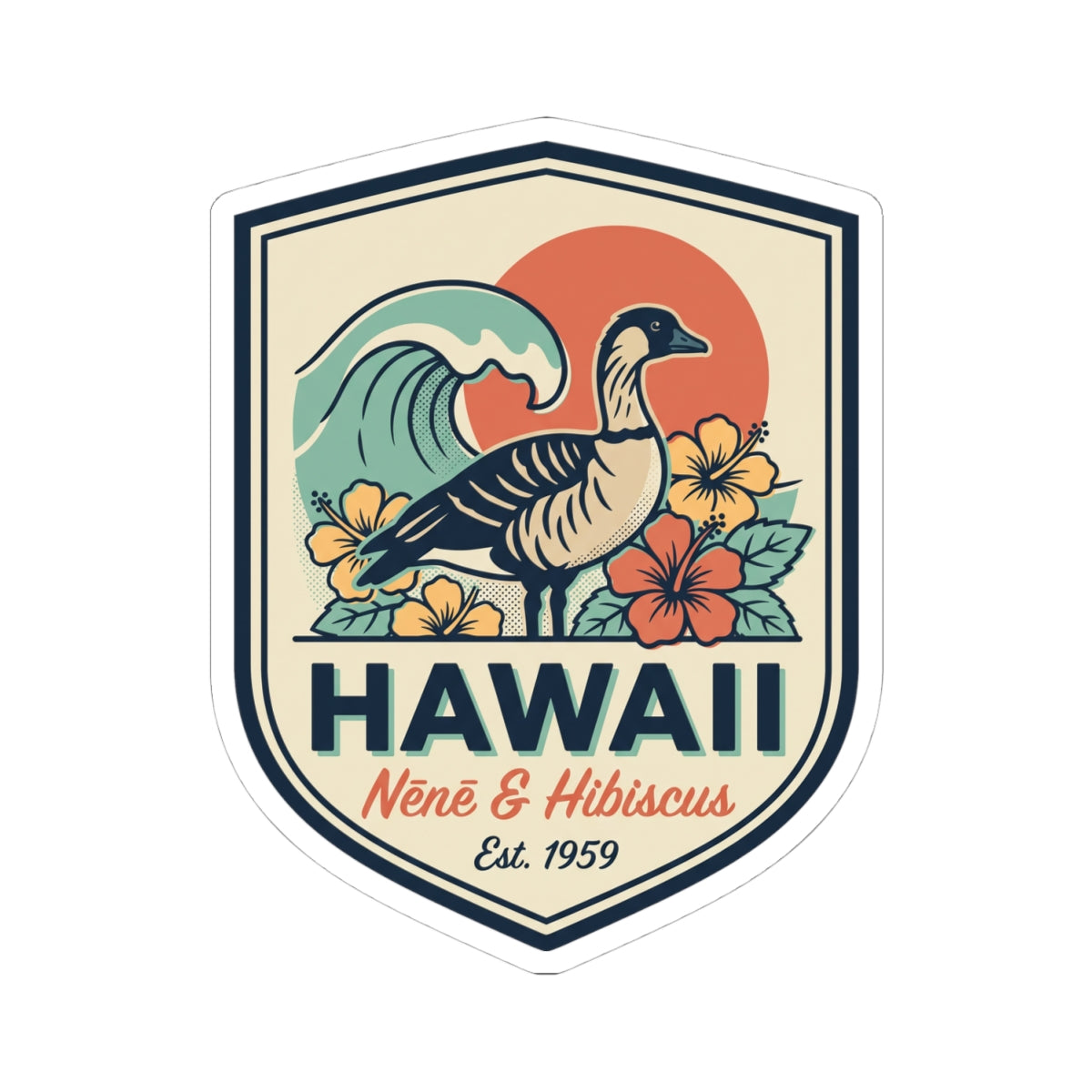 Kiss-cut vinyl sticker with Hawaii Nene, wave, and hibiscus design