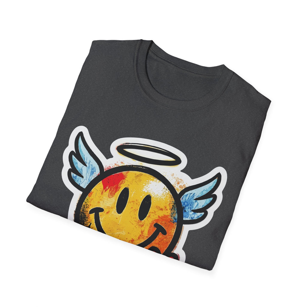 Dark Heather Graffiti Angel Smiley T-Shirt mit Flügel- und Smiley-Grafik vorne
