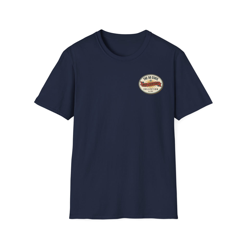 Navy crew-neck T-shirt with small circular Rocket City patch on chest