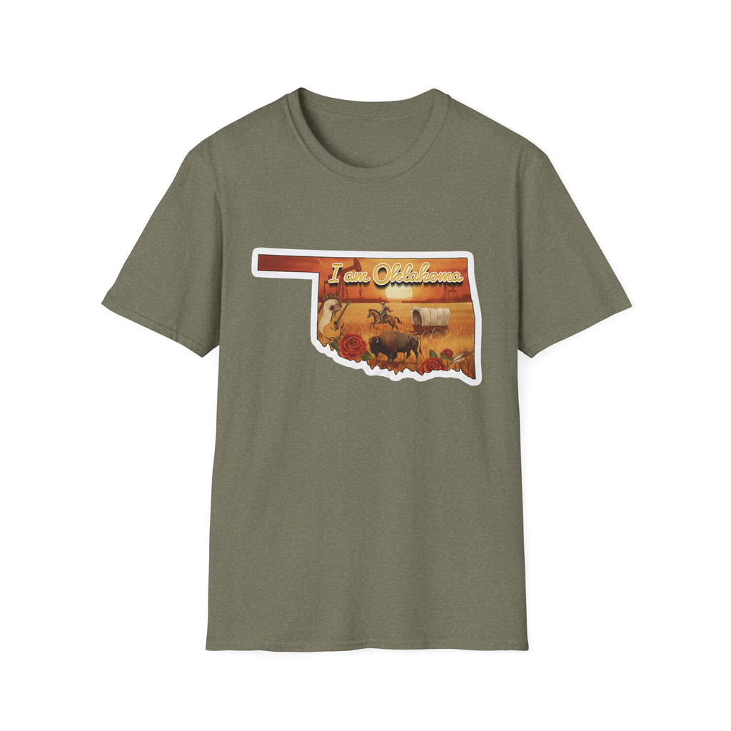 Olive green T-shirt with Oklahoma silhouette and cowboy scene graphic