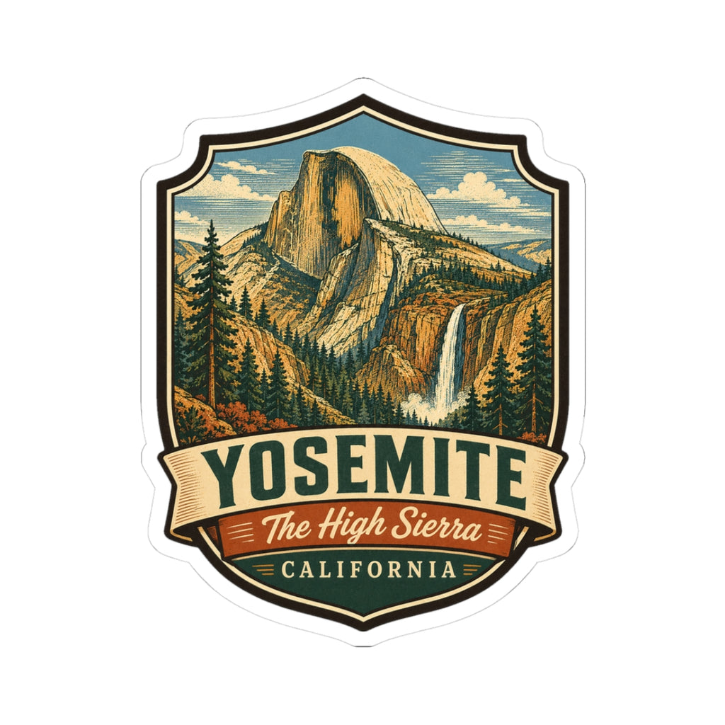 Yosemite travel sticker with Half Dome mountains and banner text, shield shape