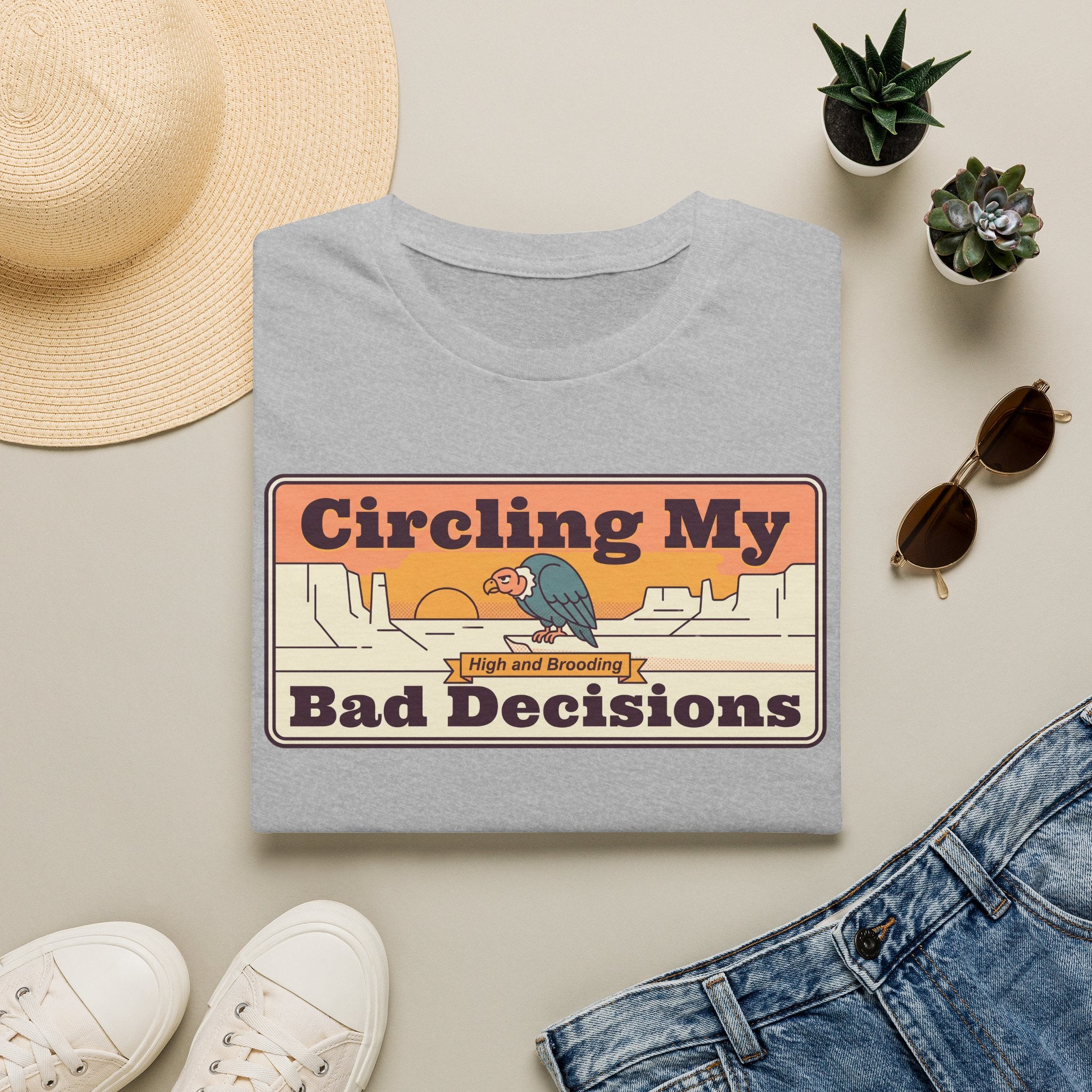 Funny Vulture T-Shirt | Circling My Bad Decisions Retro Desert Graphic Tee | Sarcastic Gift