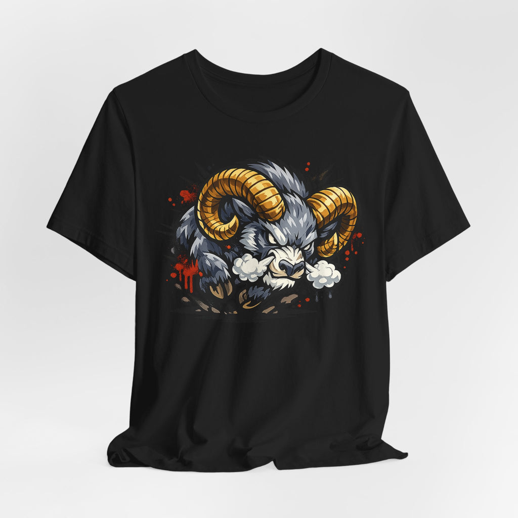 Charging Ram Illustration T-Shirt | Angry Horned Animal Graphic Tee, Wild Bighorn Art Unisex Gift