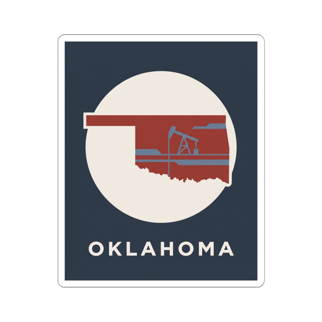 Kiss-cut vinyl Oklahoma sticker showing oil rig in red with OKLAHOMA text