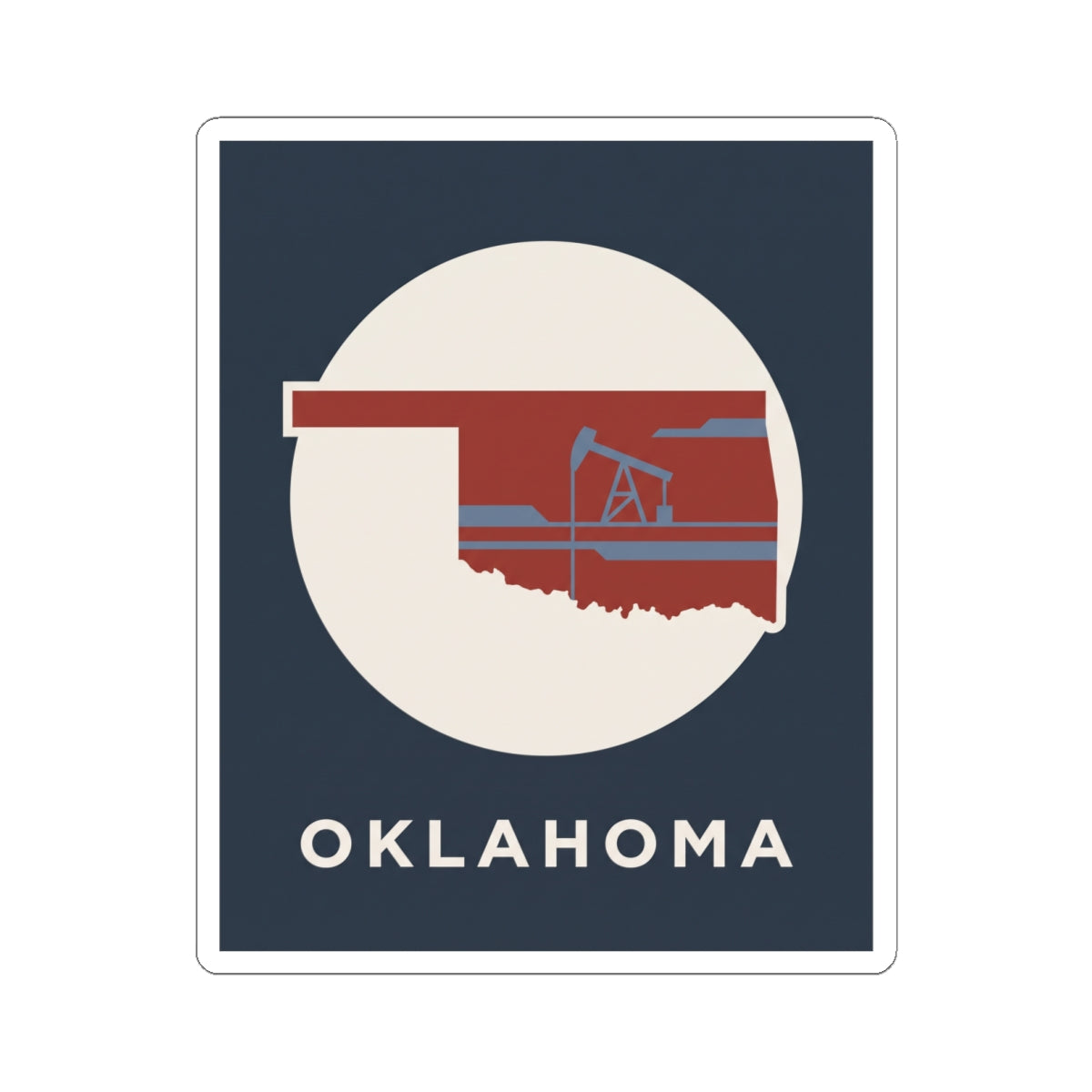 Kiss-cut vinyl Oklahoma sticker showing oil rig in red with OKLAHOMA text