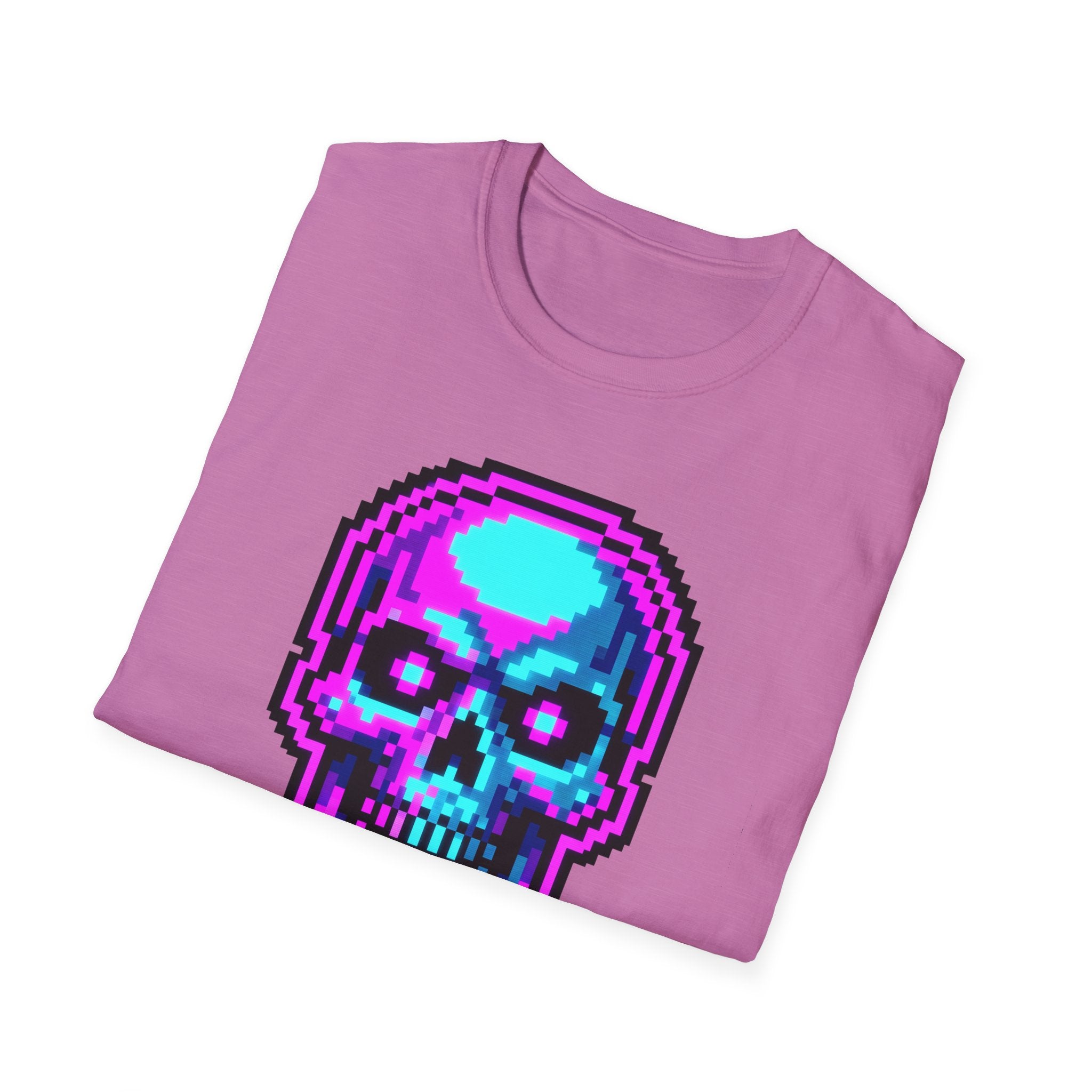 Radiant orchid Pixel skull Game Over t-shirt with neon 8-bit skeleton skull graphic