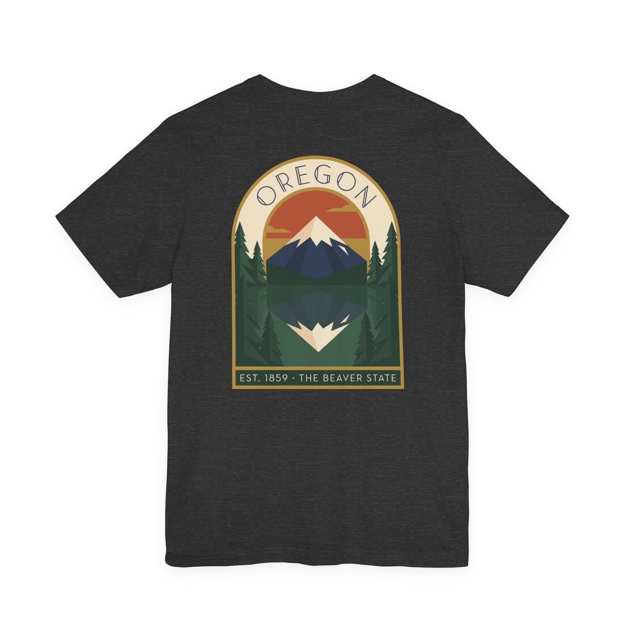 Dark charcoal crewneck T-shirt with large centered Oregon graphic print