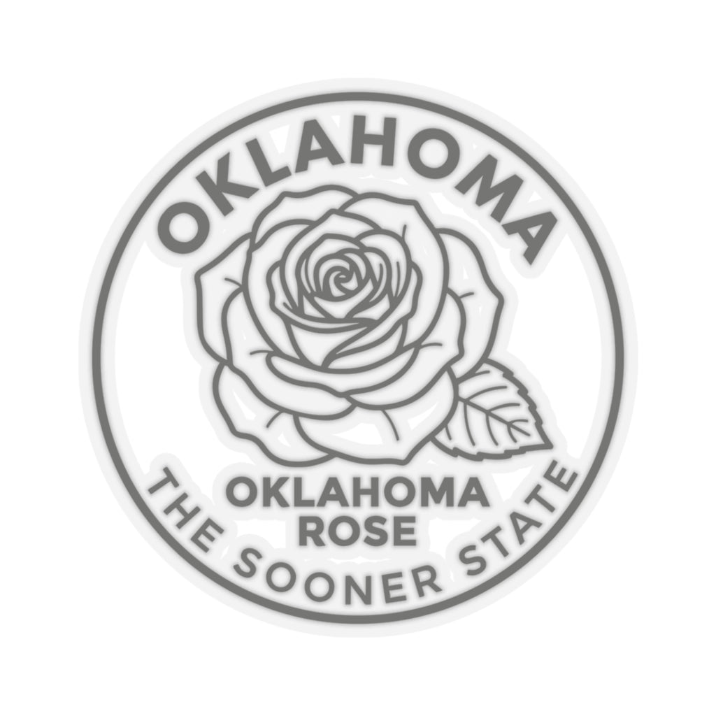 Transparent vinyl Oklahoma rose seal sticker, circular outline with rose and state text ring