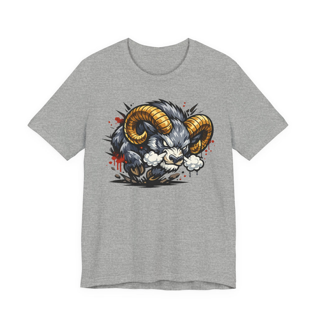 Charging Ram Illustration T-Shirt | Angry Horned Animal Graphic Tee, Wild Bighorn Art Unisex Gift