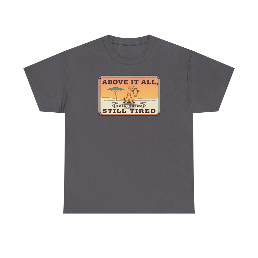 Above It All Still Tired Tee | Retro Beach Scene, Coffee Cup, Sunset Vibes
