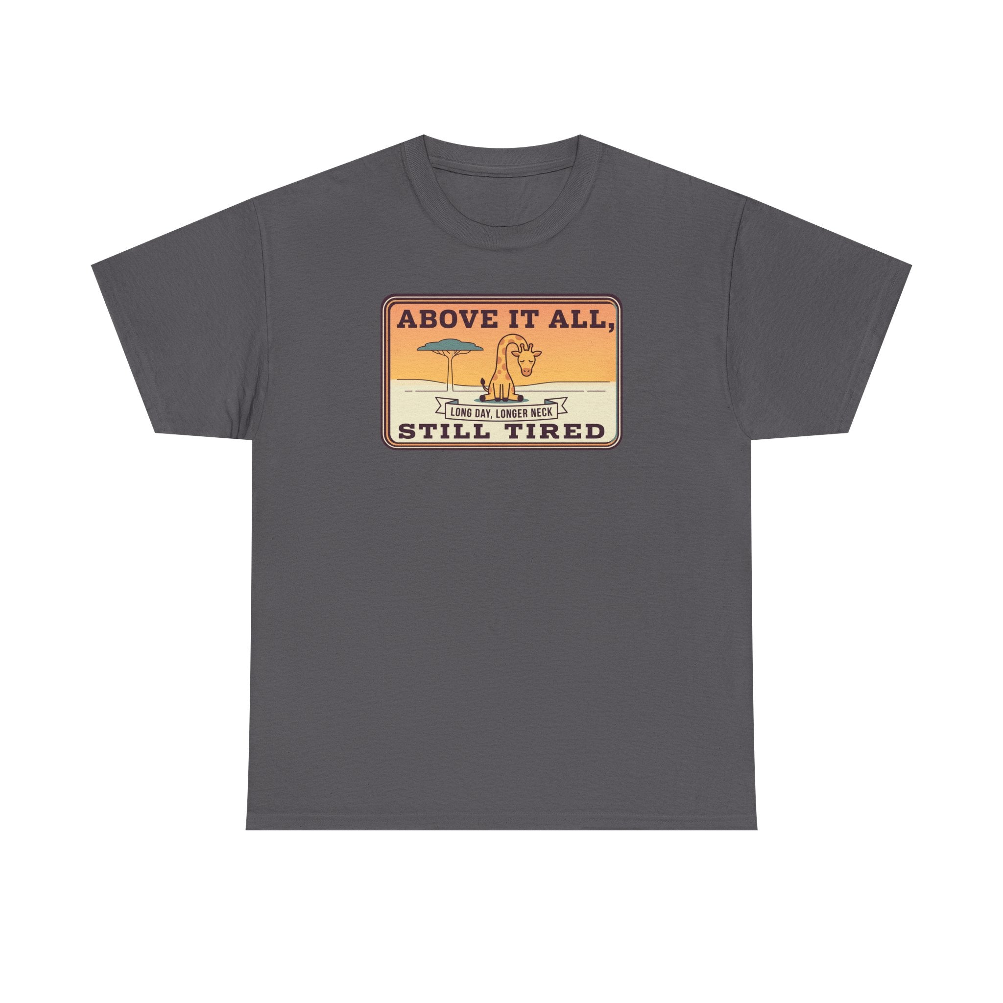 Above It All Still Tired Tee | Retro Beach Scene, Coffee Cup, Sunset Vibes