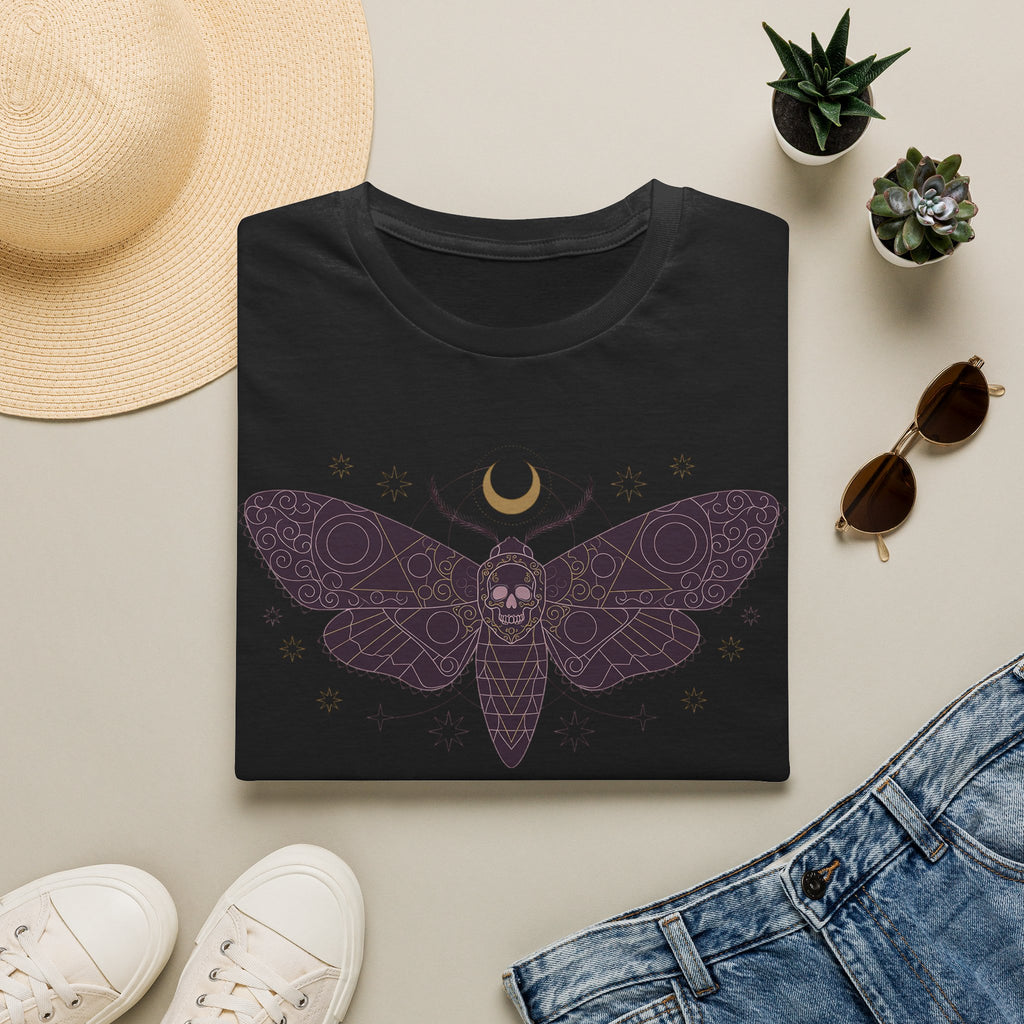 Black moth skull graphic T-shirt with crescent moon and snowflake print