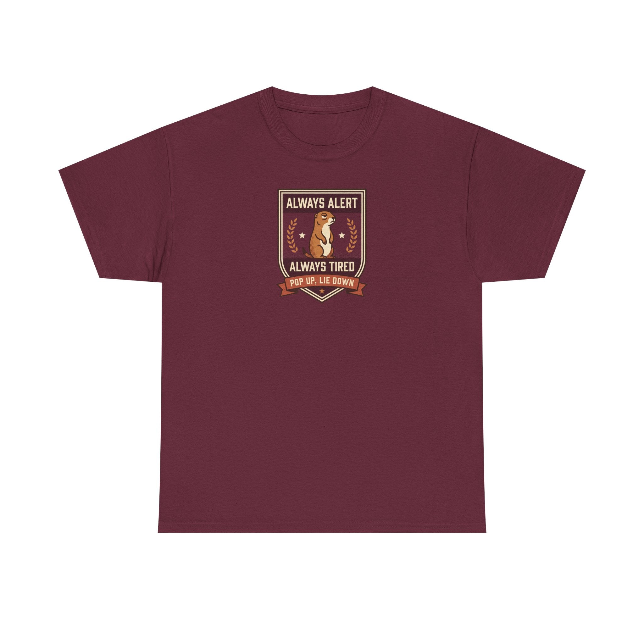 Always Alert Always Tired Badge Tee | Funny Sleepy Squirrel Shirt